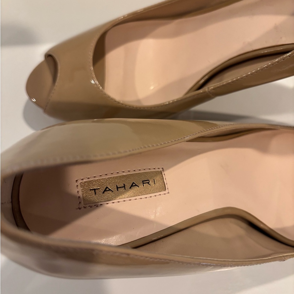Tahari Women's Beige Patent Peep Toe Heels